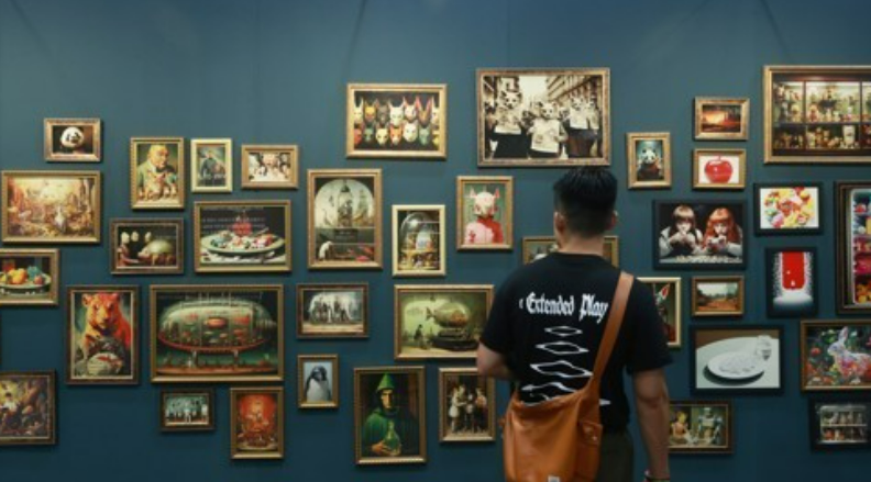 지난 2023년 7월 13일 서울 강남구 코엑스에서 열린 도시거리예술 중심의 아트페어 '어반브레이크 2023'을 찾은 관람객이 인공지능(AI)이 만든 작품을 관람하고 있다. AI를 이용한 창작은 2025년 현재 더 활발해진 상태다. /연합뉴스