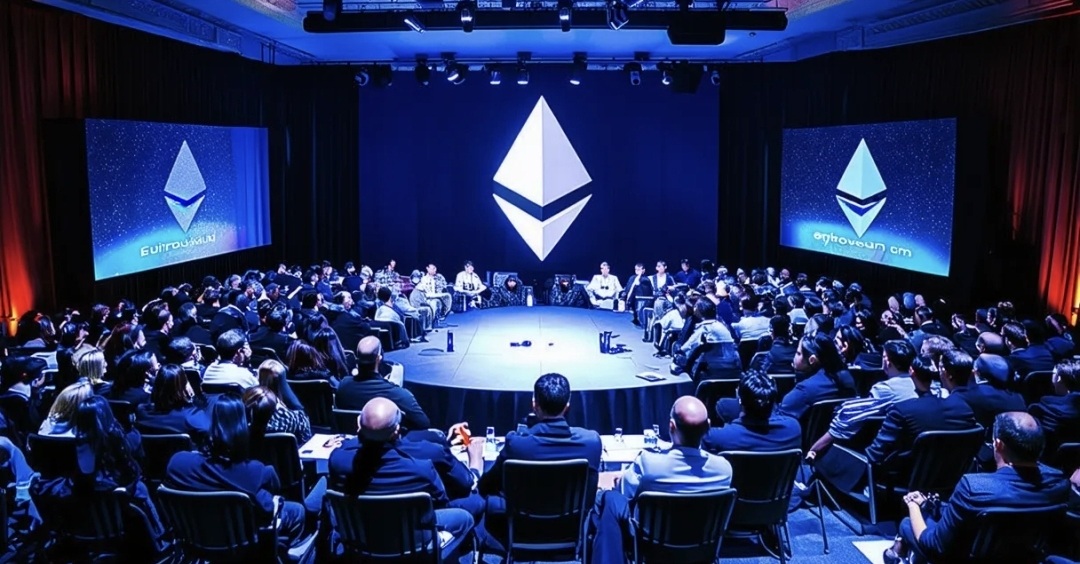 유럽에서 열린 대형 이더리움 커뮤니티 행사(Ethereum Community Conference) 중 하나의 장면이다. 행사장 중앙에는 대형 이더리움(Ethereum) 심볼이 조명과 함께 배치됐고, 무대는 강연자가 높게 서는 구조가 아니라 참가자들이 원형으로 둘러앉는 ‘서클 포럼’ 방식으로 꾸려졌다. /해설=이상헌 기자