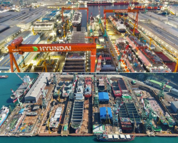 합병을 앞둔 HD현대중공업(위쪽)과 HD현대미포 야드 전경 /연합뉴스