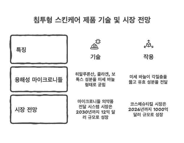 기능성 중시 소비자와 기술 혁신이 맞물려 '침투형 스킨케어'가 뜨고 있다. 핵심은 '용해성 마이크로니들'로 머리카락 1/3 굵기의 미세 바늘에 유효 성분을 굳혀 피부 각질층을 뚫고 진피층에 직접 전달하는 기술이다. /냅킨AI, 여성경제신문 재구성